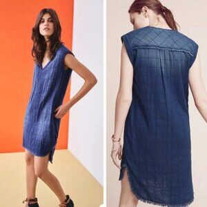 Anthropologie Cloth & Stone Quilted Frey Hem Denim Shift Dress Size XS